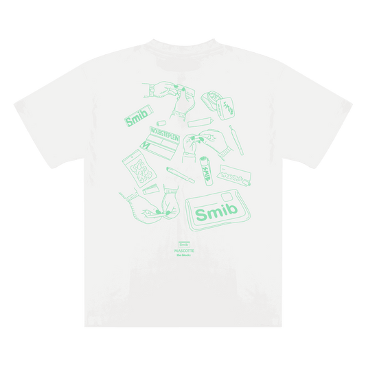 White Smib x Mascotte F*CK OV Rolling Tee with screen-printed rolling design on the back