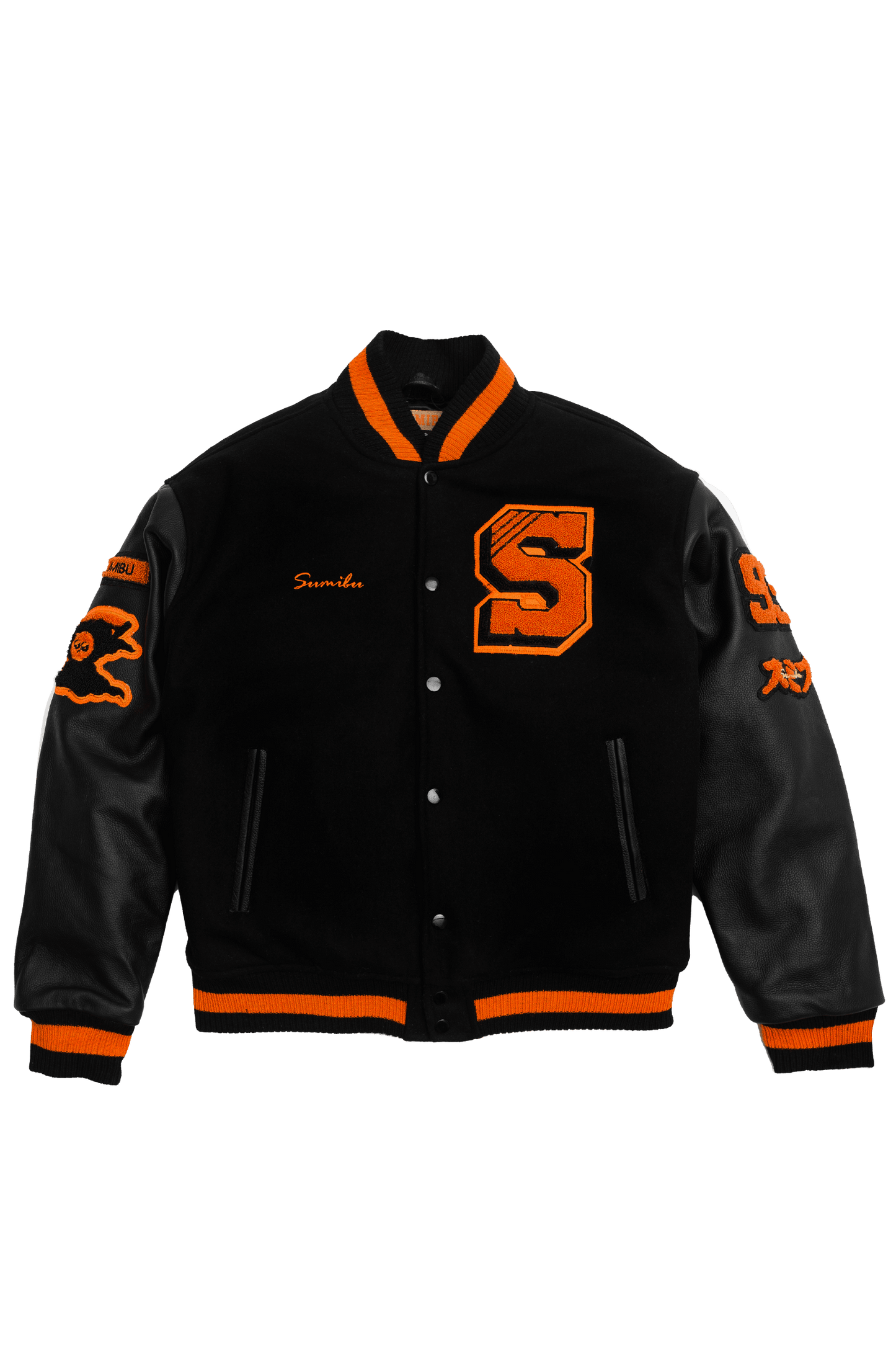 Sumibu Campus Varsity Jacket Black Orange Front 